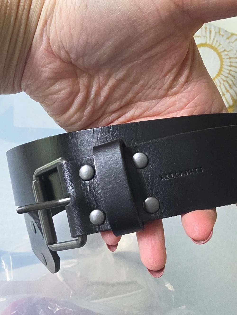 AllSaints Black Leather Rivet Belt with Gunmetal Buckle